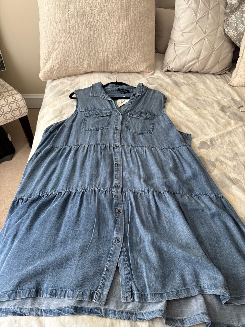 Sleeveless Denim Button-Front Tiered Dress - Blue